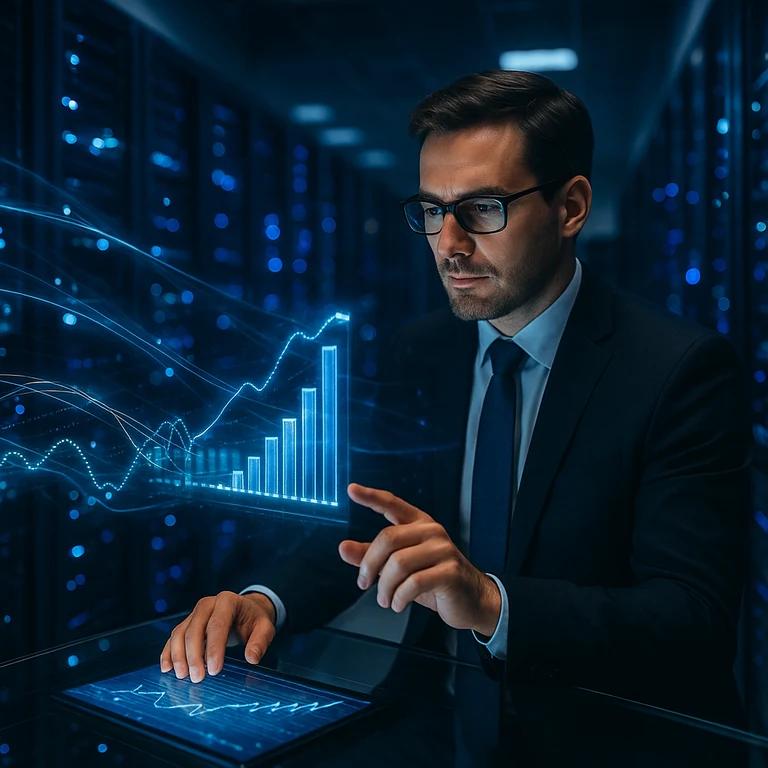 Humanoid robot and analyst reviewing transparent finance monitor at a glass desk, front two-shot