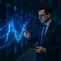 Analyst in an LED-lit data-center server room pointing at a floating holographic finance chart, highlighting 2025 data-center REITs and AI growth