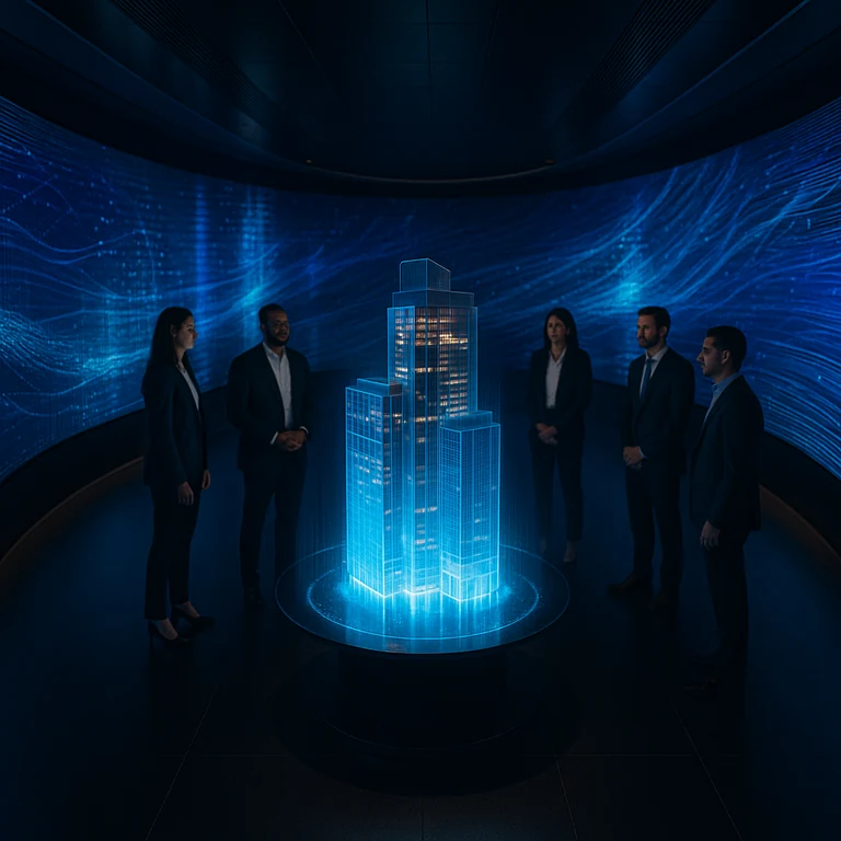 Futuristic round meeting room with curved LED walls, team viewing 3D building model presentation