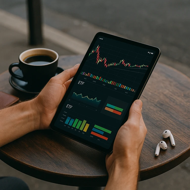카페에서 태블릿으로 코인베이스 주가와 CONL ETF 매수 타이밍을 확인하는 투자자의 손