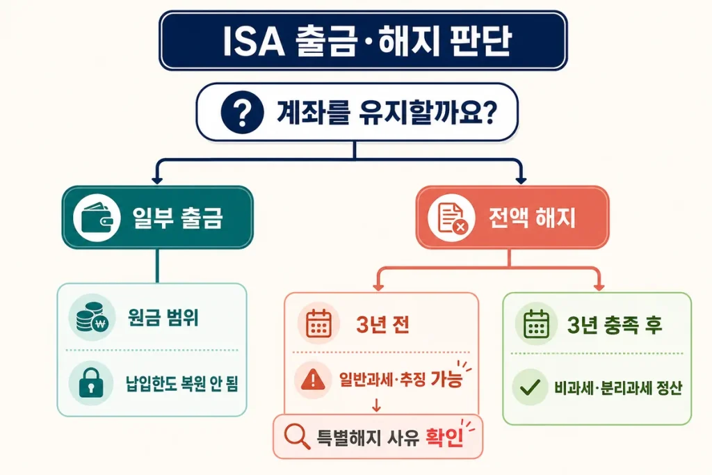 ISA 3년 전후 일부 출금과 전액 해지의 세금 처리 판단 흐름