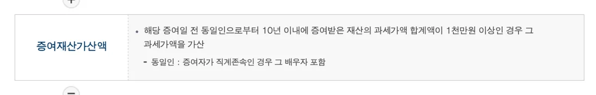 국세청 안내 화면에서 10년 이내 동일인에게 받은 증여재산을 합산한다는 증여재산가산액 설명 부분
